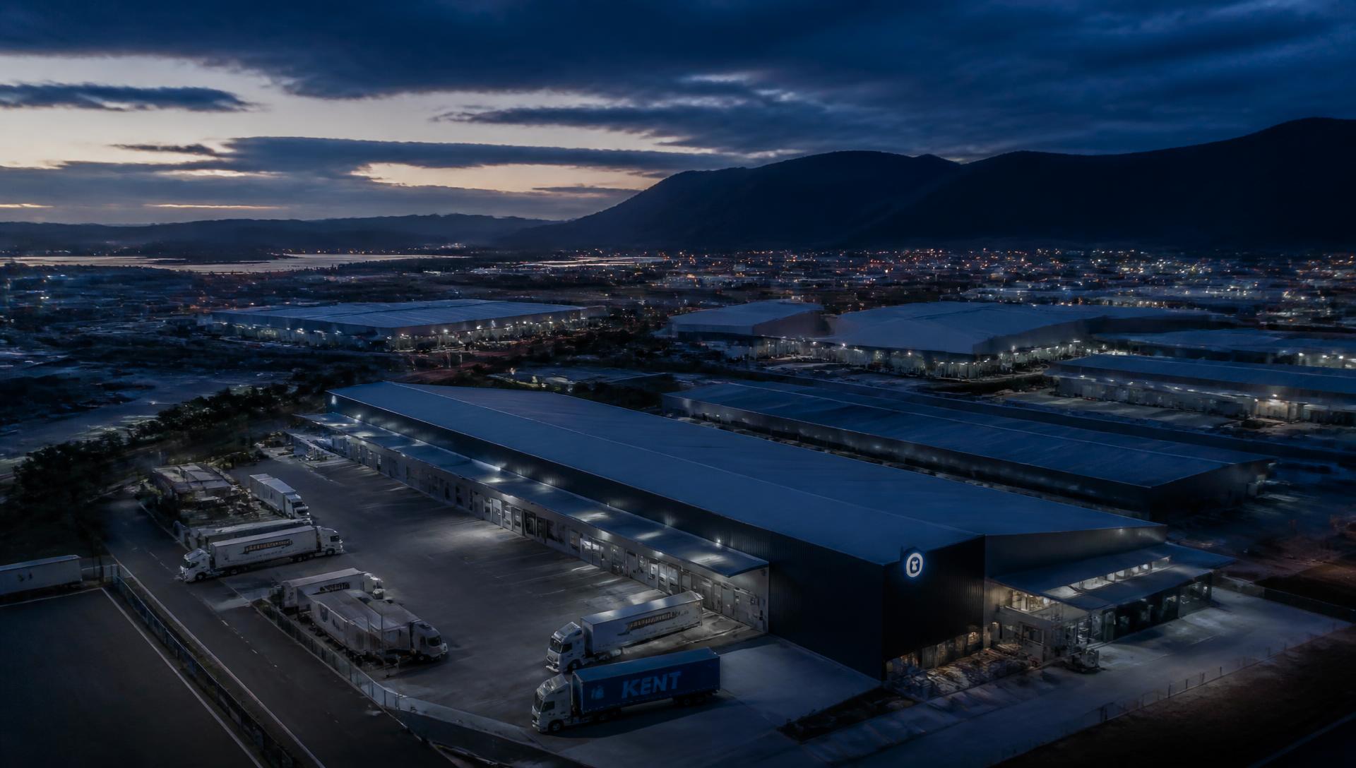 Aerial view of an Australian logistics and distribution precinct at dusk