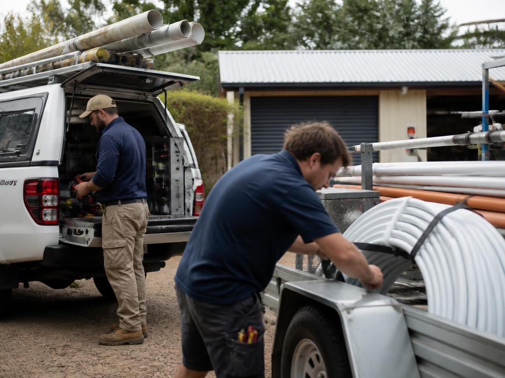 Tradespeople preparing equipment in a workshop