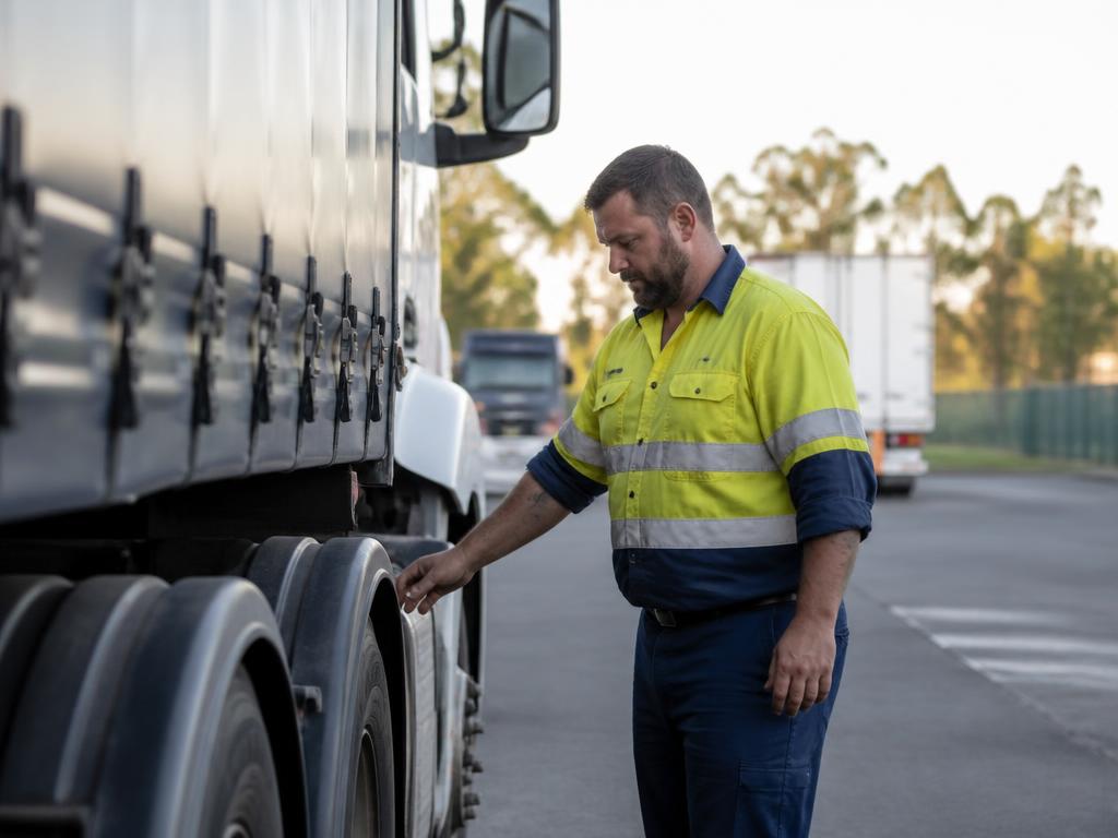Driver checking a truck at a transport depot